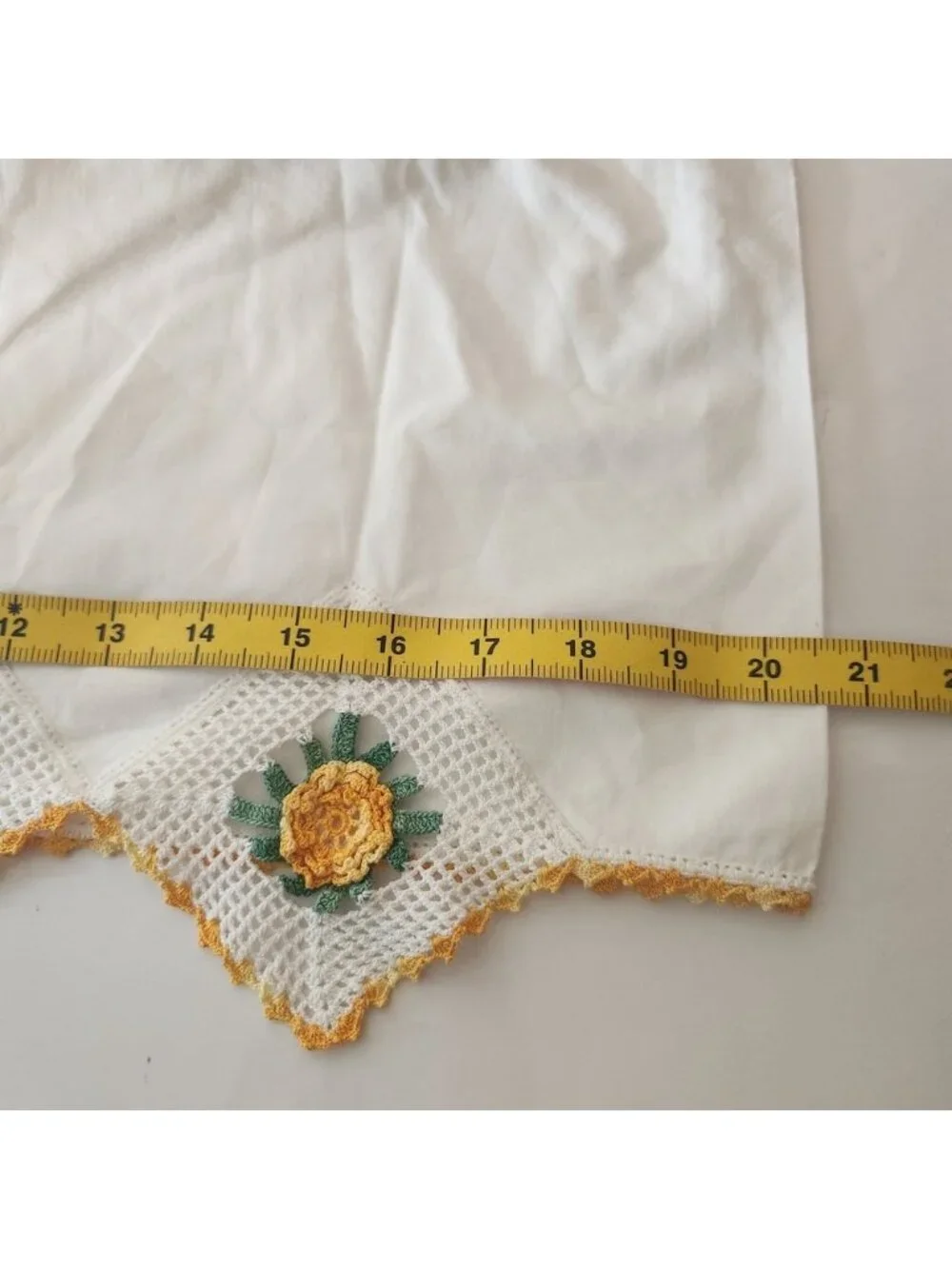 Vintage White Cotton Pillowcase Handmade Crochet Lace Yellow Flower Trim 20x34